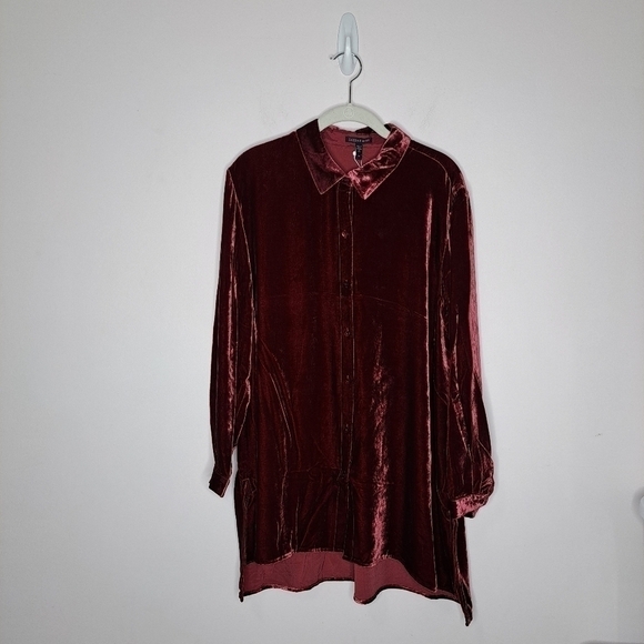 Eileen Fisher velvet classic collar long shirt deep claret Large NWT - Picture 5 of 8